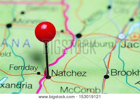Natchez pinned on a map of Mississippi, USA