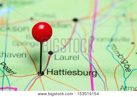 Hattiesburg pinned on a map of Mississippi, USA