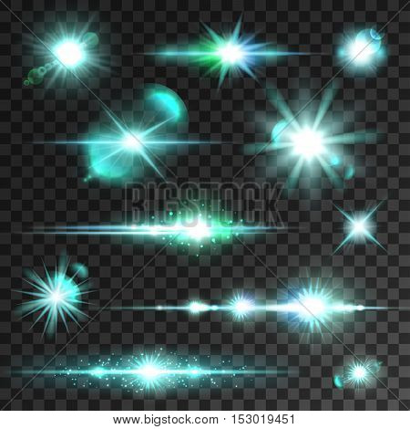 Light flashes and sparks. Star and sun sparkling beams and rays with lens flare effect on transparent background