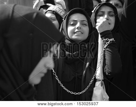 Istanbul Turkey - October 11 2016: Muslims worldwide marks Ashura Istanbul Shiite community. Turkish Shia Muslims mourning for Imam Hussain. 