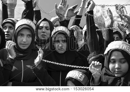 Istanbul Turkey - October 11 2016: Muslims worldwide marks Ashura Istanbul Shiite community. Turkish Shia Muslims mourning for Imam Hussain. 
