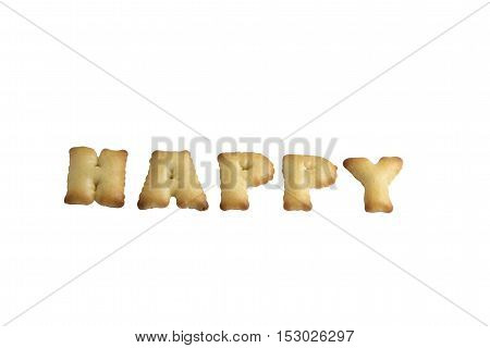 wording HAPPY made from alphabet bread on white background