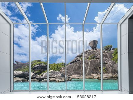 view cityscape from Aluminum frame windows and clear glass Beautiful crystal clear sea at tropical paradise island Similan island