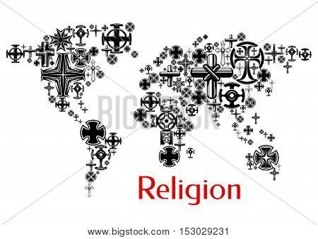 Religion world map with christianity cross symbols. Map design with religious crucifix icons decoration and design element