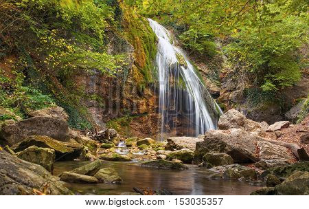 Beautiful autumn landscape with waterfall Dzur-Dzur in Crimea