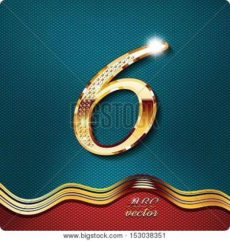 Golden stylish Inlaid figure is 6, with shadow and glare. vector six digit.