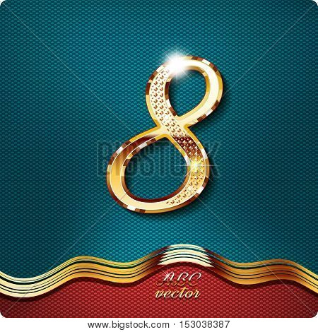 Golden stylish Inlaid figure is 8, with shadow and glare. vector number eight.