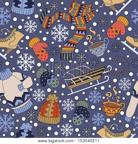 Cartoon cute doodles Winter season seamless pattern. Colorful detailed Endless vector illustration.