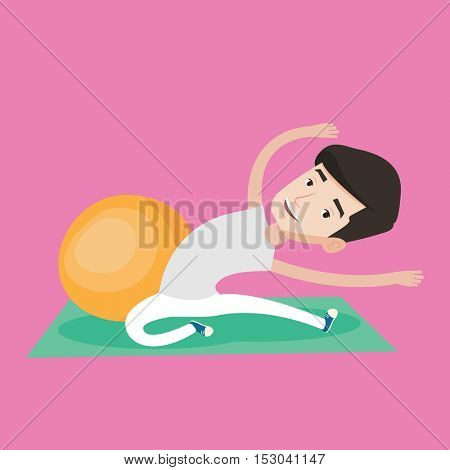 Young caucasian man exercising in the gym. Man doing stretching on exercise mat. Sportsman stretching before training. Man doing stretching exercises. Vector flat design illustration. Square layout