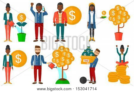 Successful businessman investor. Businessman investing in business project. Illustrations of investment money in business. Investment concept. Set of vector illustrations isolated on white background.