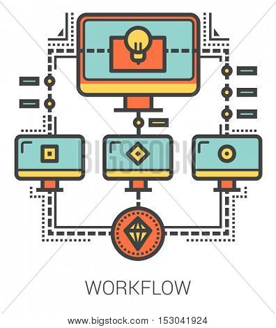 Workflow infographic metaphor with line icons. Project workflow concept for website and infographics. Vector line art icon isolated on white background.