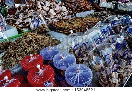 Squid and seafood being sold in the the market.