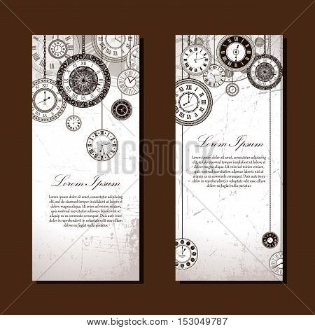 Vintage clock vector banner background set. Retro antique backrop for business. Classic watch dial cover illustration. Elegant invitation, postcard, paper design. Traditional card. Victorian style