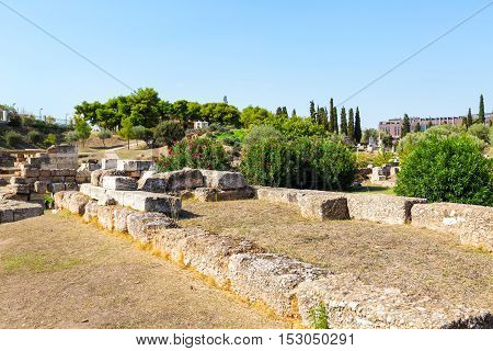 Ruins and part of old wall in ancient Kerameikos district in Athens, Greece