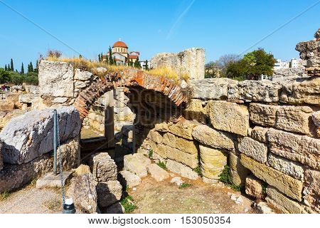 Ruins and arch in ancient Kerameikos district in Athens, Greece