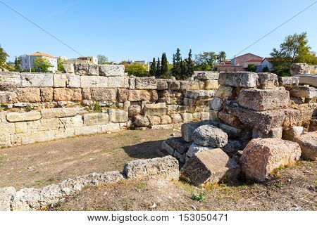 Ruins and part of old wall in ancient Kerameikos district in Athens, Greece