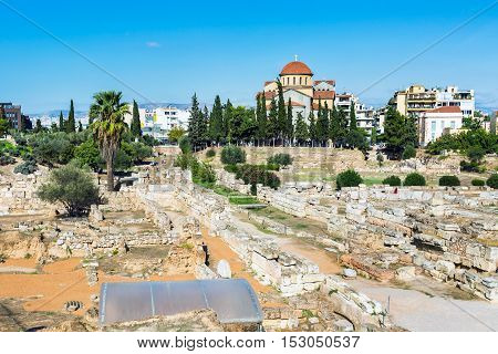 Ruins and part of old wall in ancient Kerameikos district in Athens, Greece
