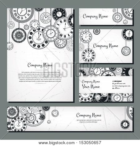 Vintage clock vector banner background set. Retro antique backrop for business. Classic watch dial cover illustration. Elegant invitation, postcard, paper design. Traditional card. Victorian style