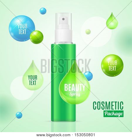 Beauty Spray Can Package Essence Bottle Green Plastic with Place for Text. Vector illustration