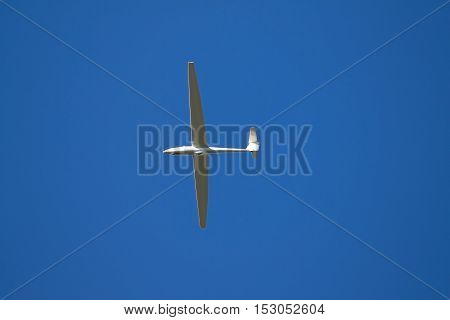 A sailplane in front of a blue sky glides through the air without its own motor drive.