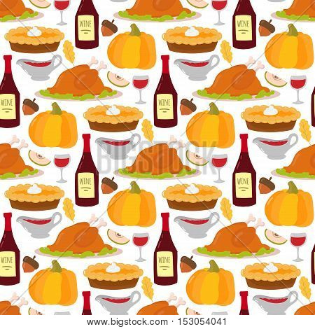 Happy thanksgiving day food seamless pattern card design with holiday objects. Fresh food harvest autumn season thanksgiving day vector set. Traditional seasonal nature vegetable thanksgivin