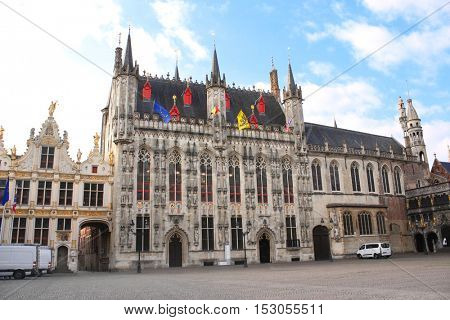 Historic medieval buildings - Tower hall (Stadhuis van Brugge) in Bruges, Belgium