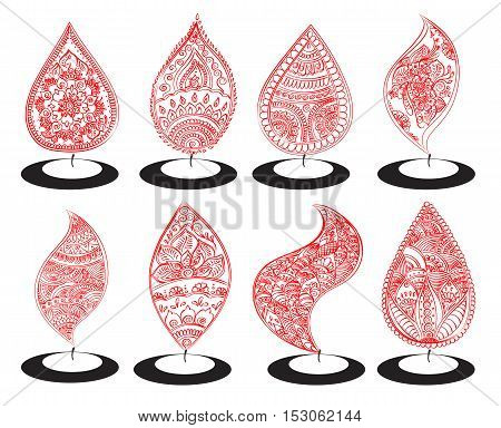 Vector set of abstract oil lit lamp with henna patterns. Illustration for indian festival of lights Happy Diwali celebration. Stock design on white background.