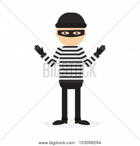 Isolated criminal person on white background. Cartoon robber or thief with striped outfit and mask.