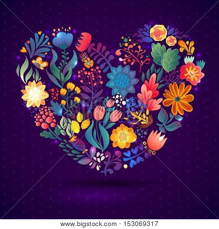 Love card with floral bouquet.  Cute retro flowers arranged un a shape of the heart, perfect for wedding invitations ans birthday designs