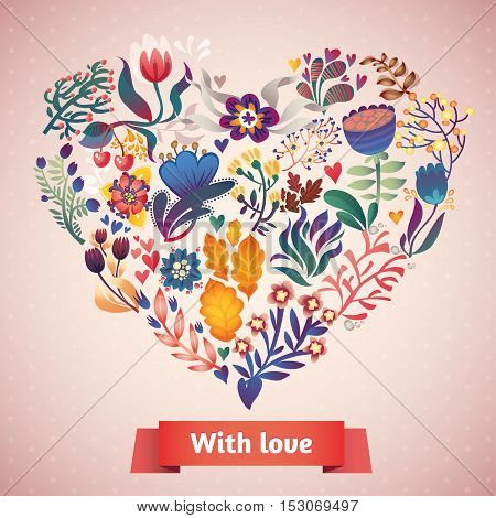 Love card with floral bouquet.  Cute retro flowers arranged un a shape of the heart, perfect for wedding invitations ans birthday designs
