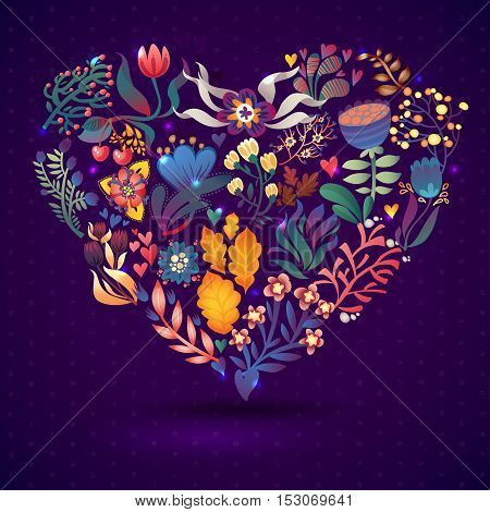 Love card with floral bouquet.  Cute retro flowers arranged un a shape of the heart, perfect for wedding invitations ans birthday designs