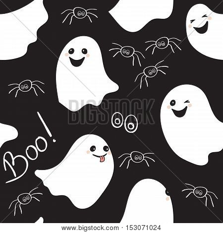 Seamless pattern of cute little cartoon ghosts on black background. Design for textile paper wrapping. Vector illustration.