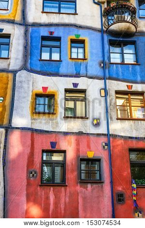 Vienna, Austria - October 14, 2016: Facade Of Huntdertwarsser House In Vienna. The Hundertwasser Hou