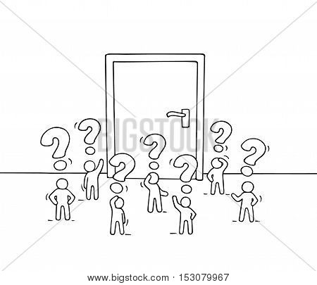 Cartoon working little people with big door. Doodle cute miniature scene of workers about opportunity. Hand drawn vector illustration for business design.