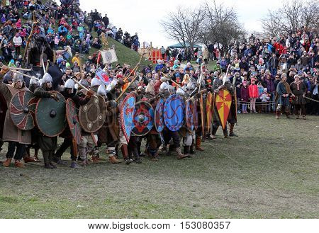 KRAKOW POLAND - MARCH 29 2016: Unidentified participants of Rekawka - Polish tradition celebrated in Krakow on Tuesday after Easter. Currently has the character of festival historical reconstruction