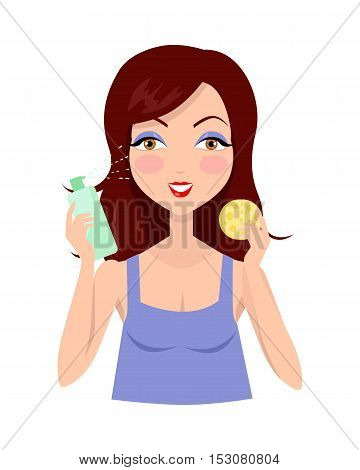 Cleansing. Girl clean her face with lotion. Cleaning with help of sponge. Woman instruction how to make up correctly. Girl cares about her look. Part of series of ladies face care. Vector illustration