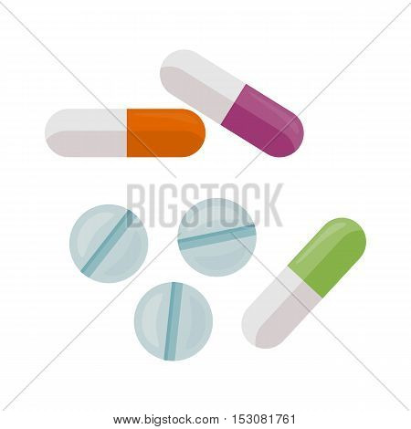 Pills vector illustration in flat style design. Variety types of drugs, dragees, gelatin capsules, pill. Antibiotic, analgesic, antidepressant. Pharmaceuticals goods. Isolated on white background.