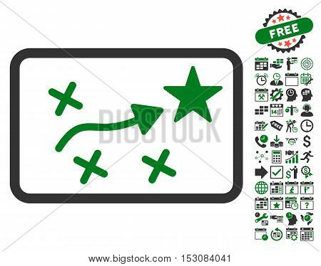 Route Plan pictograph with bonus calendar and time service pictograph collection. Glyph illustration style is flat iconic symbols, green and gray colors, white background.