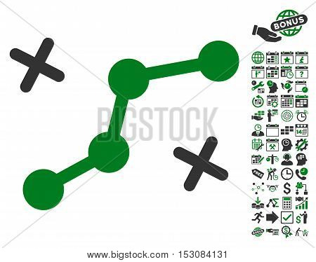 Route Points icon with bonus calendar and time management pictograms. Glyph illustration style is flat iconic symbols, green and gray colors, white background.