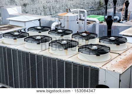Industrial Heating Ventilation And Air Conditioning Recuperator At Building Roof.