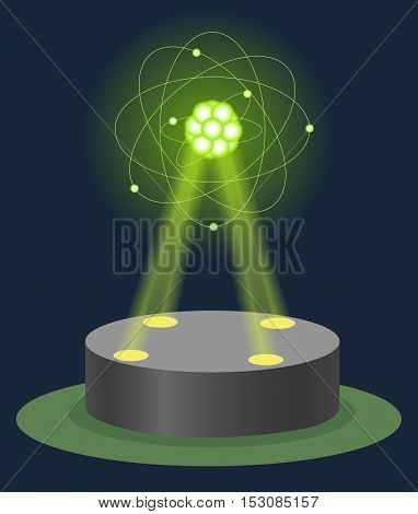 Innovation museum carbon atom structure hologram on illuminated pedestal. Future technology physics and chemistry lesson education. Virtual show vector illustration