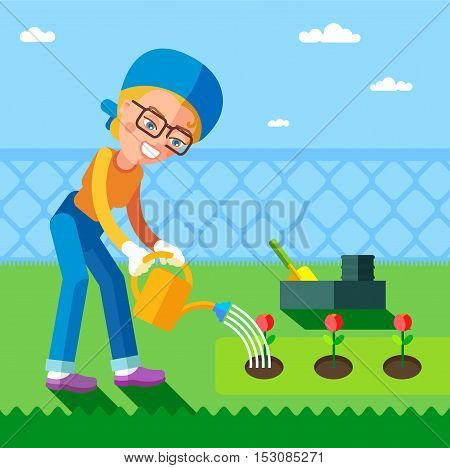 The Garden. This woman who is watering the flowers in the garden in spring. In the flat style.