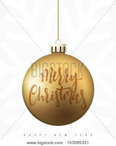 Christmas ball gold isolated on white background. Merry christmas inscription