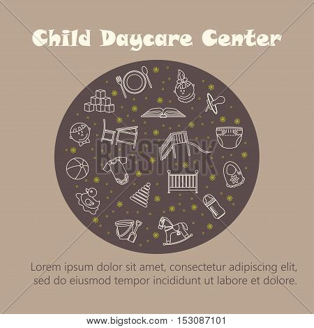 Vector card with baby thin line icons. Kindergarten vector logo. Diaper, sandpit, slide, horse, ball, bottle crib pacifier