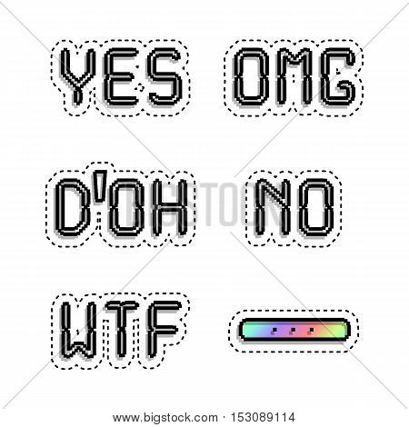 Popular phrases: Omg Yes No Wtf Doh. Sticker style pixel art.