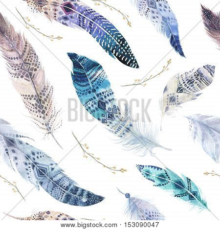 Feathers pattern. Watercolor elegant background. Watercolour color organic design print. Seamless repeating colour boho texture with hand drawn chic wallpaper. Bird illustration.