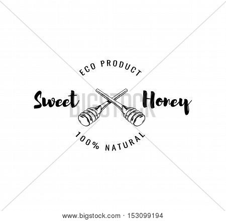 Wooden honey dipper, sketch style vector illustration isolated on white background. Sweet honey label, badge, logo. Isolated