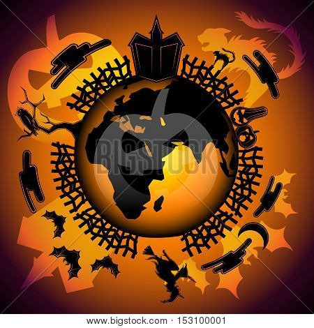 Halloween Around The World.Halloween in Europe, Africa, Asia. Halloween background. Scary house, crazy cat, bloody pumpkins, moon and clouds, ugly witch, owl on the tree and bats.
