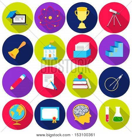 School set icons in flat style. Big collection school vector symbol stock