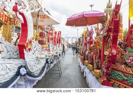 Suratthani, Thailand - October 20, 2016: Ornamented Carriers Of Buddha Images To Be Pulled Across Th